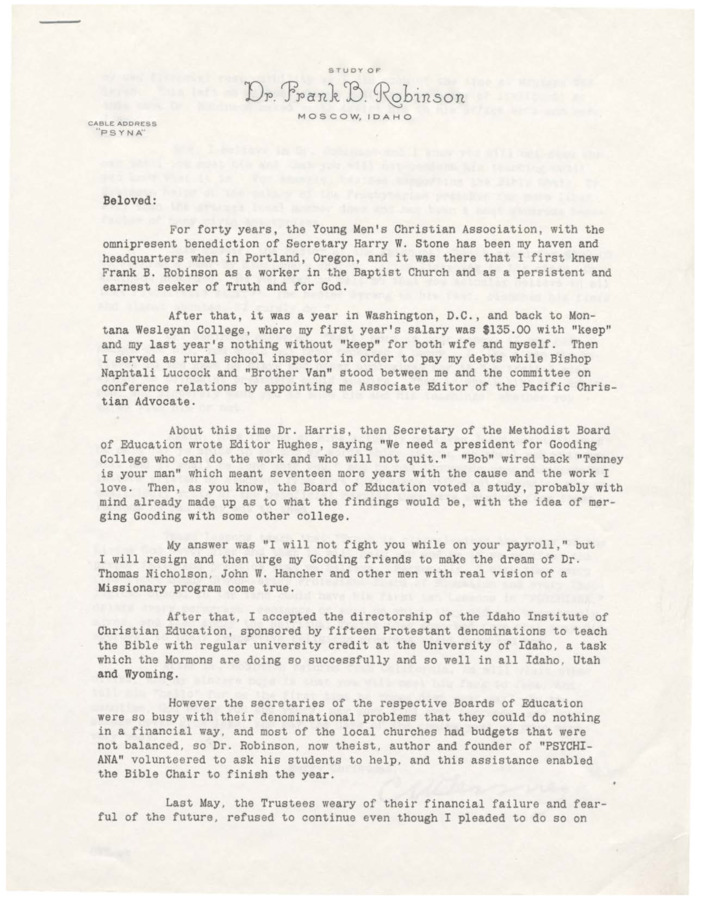 Letter written as a request that some third party agree to meet Frank B. Robinson face to face, most likely before condemning him and his teachings. The letter includes details about Tenney's past and relationship with Robinson.