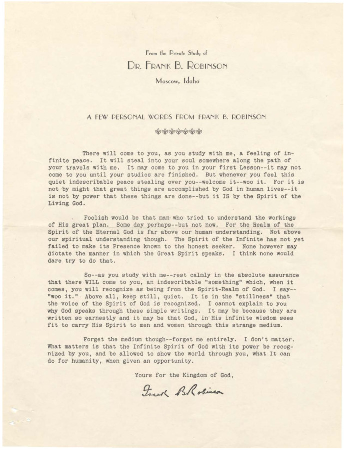 Form letter from Robinson addressing the infinite peace available to his students. Robinson urges the reader to forget him entirely and focus on the Spirit of God.