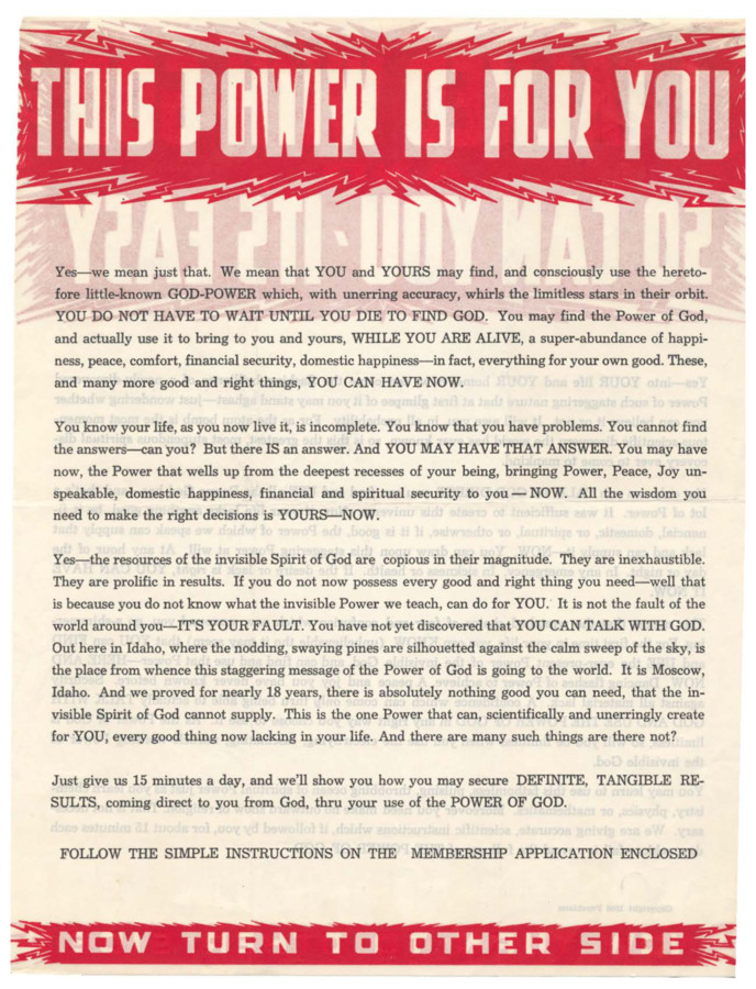 Packet with material focused on the power of the atom as evidence of the power of god in each of us. Thanks god for the atomic bomb and suggests this power is available to students of Robinson to harness. Includes an illustration of Robinson that echoes Uncle Sam.