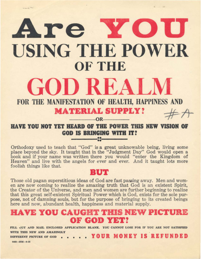 Flyer discussing the power of the God Realm, encouraging readers to fill out the enclosed application blank to receive more information.
