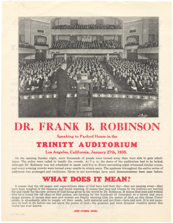 Flyer discussing Frank B. Robinson's speech at the Trinity Auditorium in Los Angeles, California on January 27th, 1935.