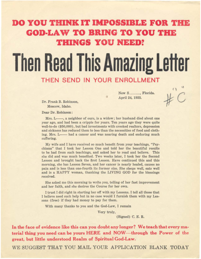 Flyer of a testimonial letter from a student who received benefit from the teachings of Psychiana. The flyer urges the reader to mail in their application blank.