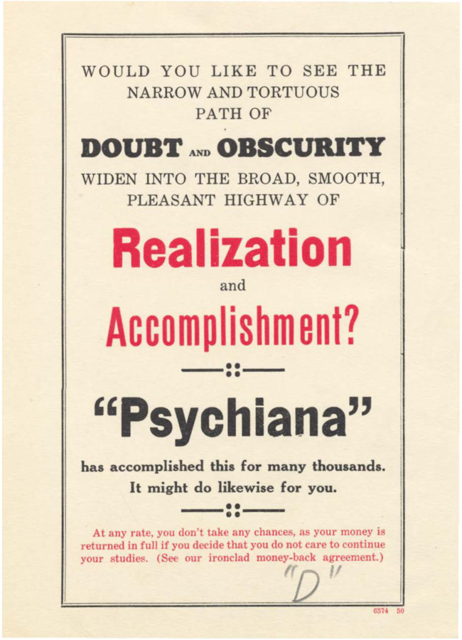 Flyer advertizing the teachings of Psychiana, complete with a money-back guarantee.