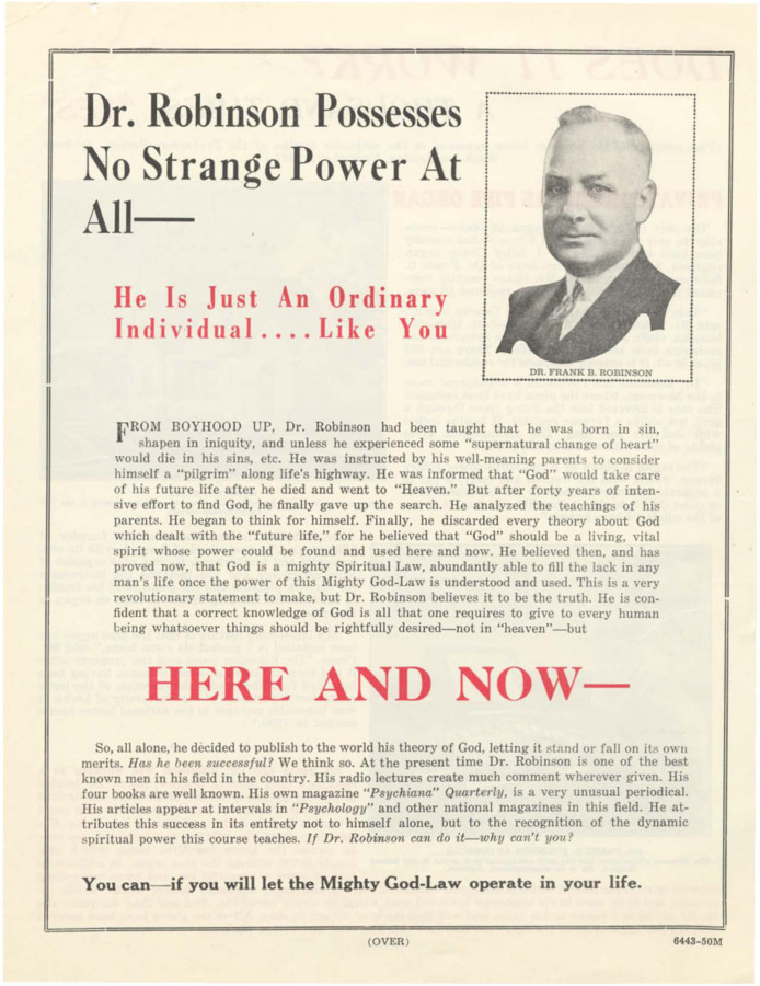Flyer discussing Frank B. Robinson as an ordinary individual. The flyer also mentions the pipe organ that was installed in Frank B. Robinson's house, the only one in the Inland Empire.