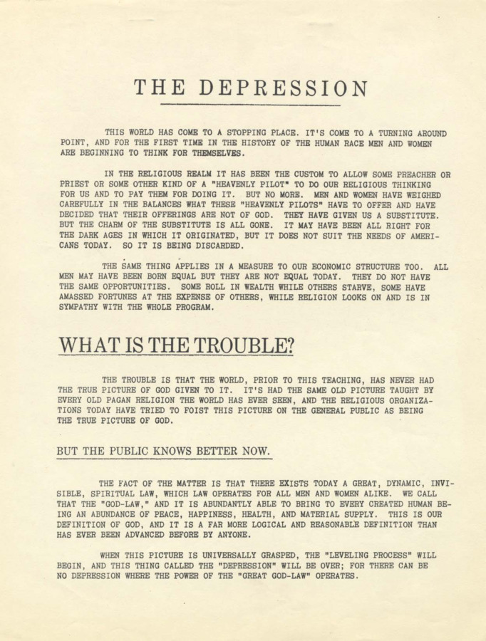 Flyer addressing the depression, indicating that now men and women can think independently of a 'heavenly pilot.'