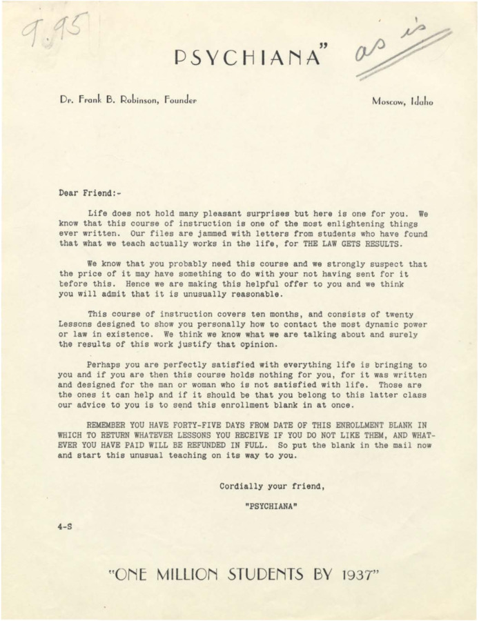 Letter urging the reader to enroll in Psychiana courses.