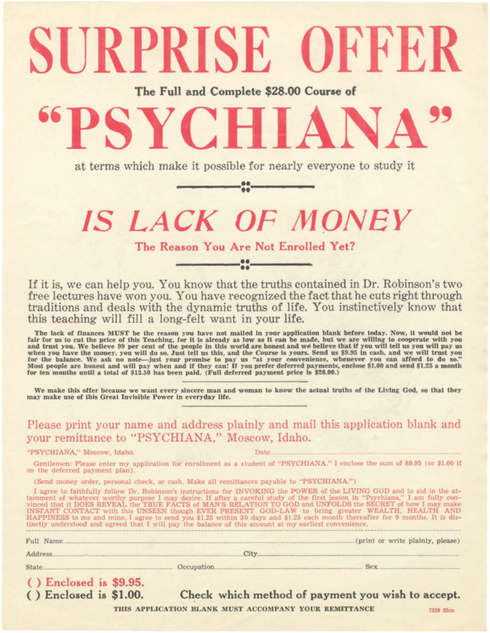 Flyer advertizing a discount on the Psychiana course if the enrollee needs it.