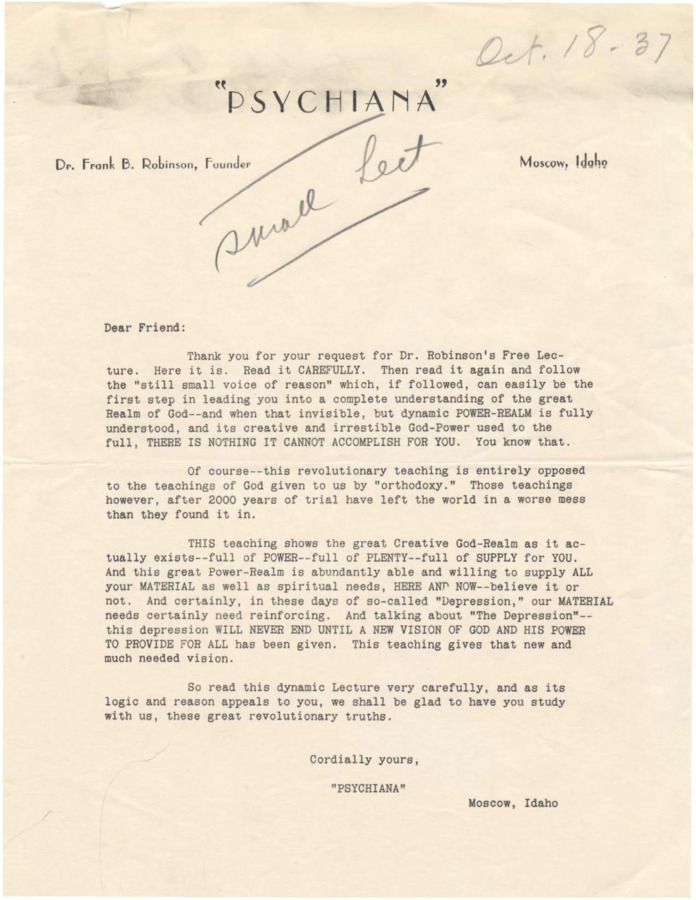 Letter to a student who requested Robinson's free lecture.