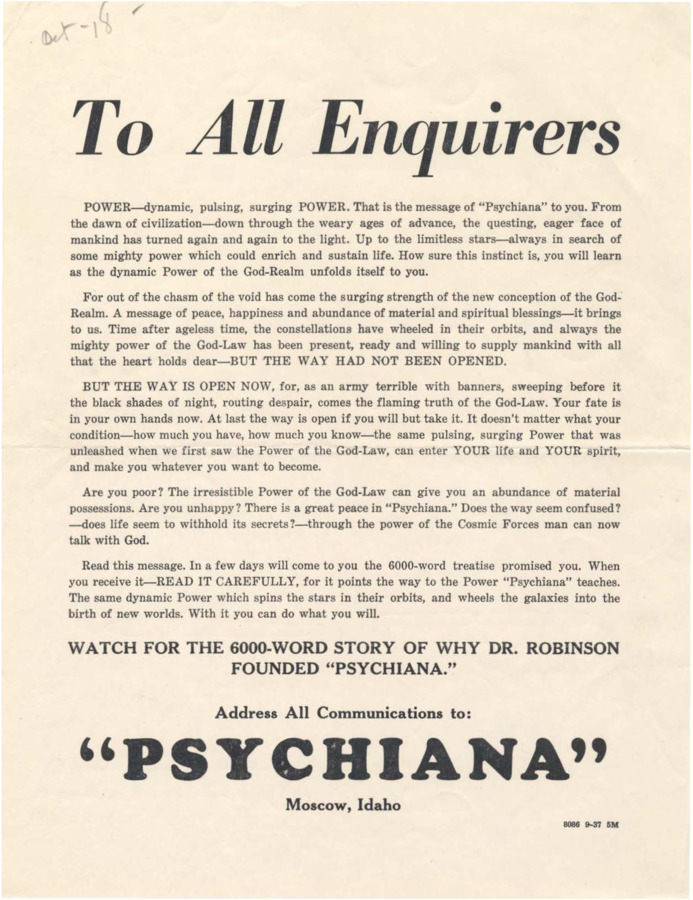 Flyer advertizing the dynamic power of Psychiana.
