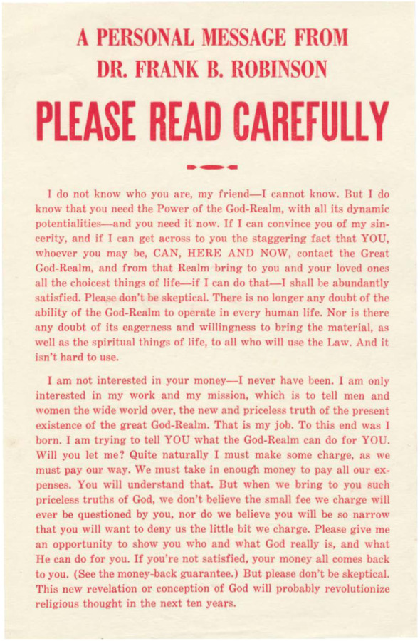 Flyer with a 'personal message' from Frank B. Robinson. The message encourages the reader to give him an opportunity to show what God really is.