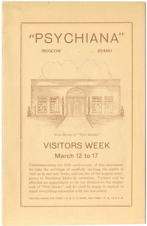 Booklet cover includes an illustration of Psychiana headquarters and text inviting public to visit. Booklet includes a brief description of what Psychiana is, a report of staff wages, and several pages of photos of Psychiana staff members in the main headquarters, the News Review, and Moscow Pharmacy. Photos accompanied by captions, which introduce each staff member.