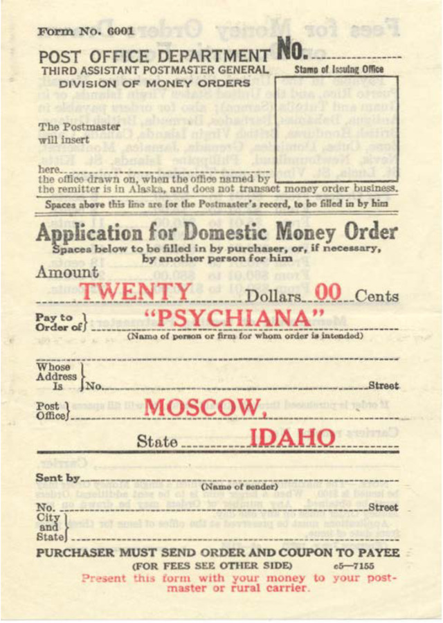 Form is a partially filled in money order addressed for $20 to Psychiana.