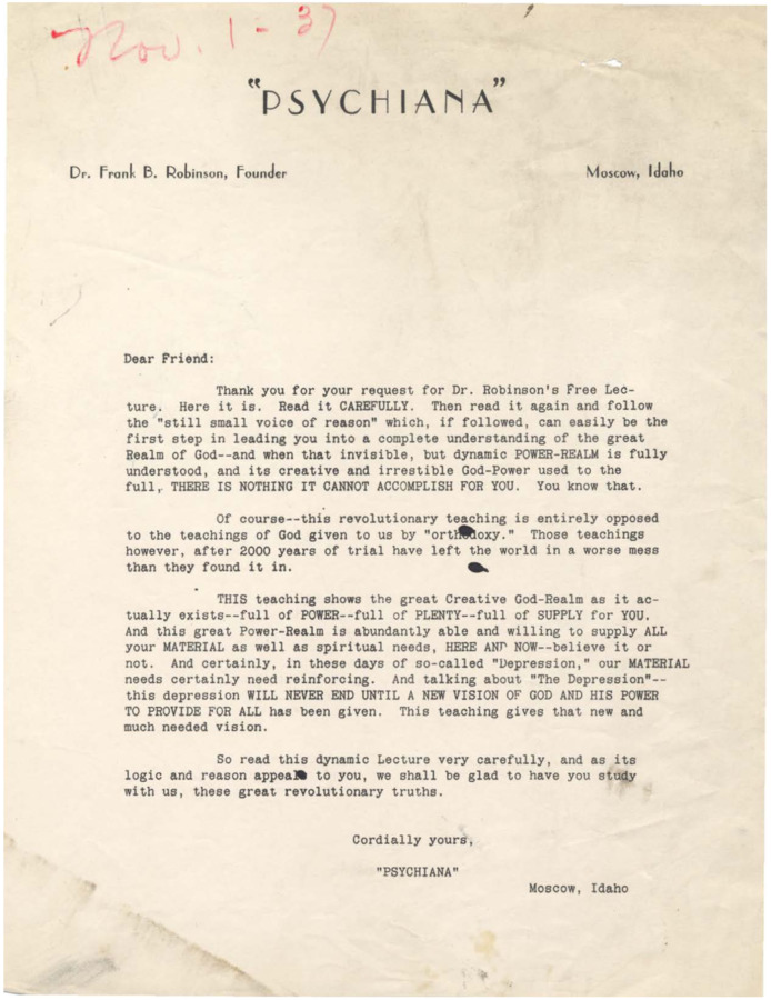 Letter to a student who requested Robinson's free lecture.