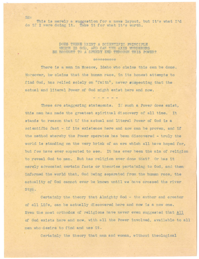 Typescript in which Frank B. Robinson refers to himself in third person as a 'man living in Moscow, Idaho.' Robinson reveals details about his life and family and claims that 'this man' can reveal a power that can be used by all people to effectively defeat the Axis enemies in Europe and the East.