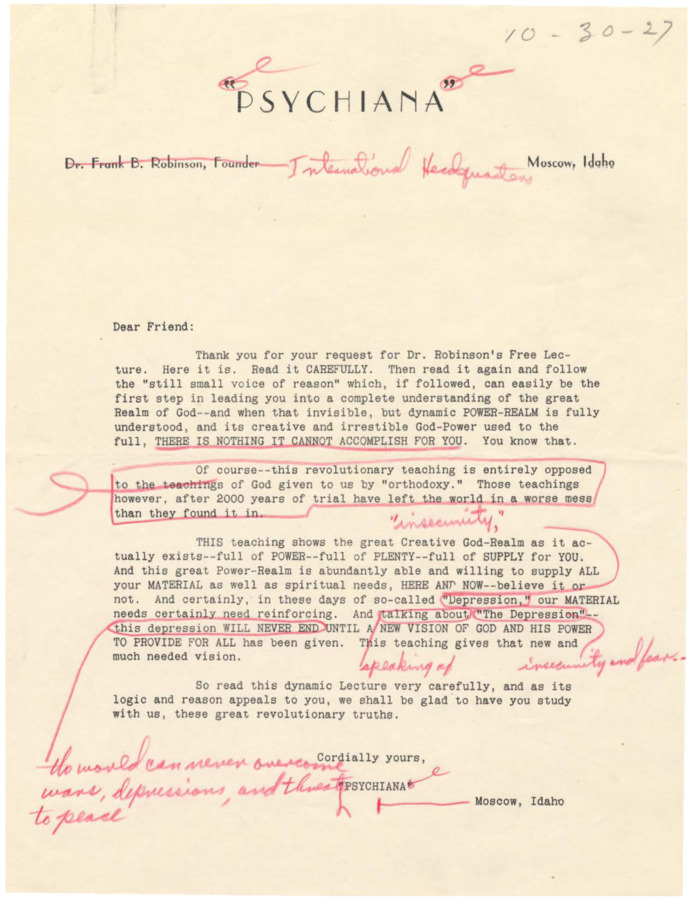 Letter to a student who requested Robinson's free lecture. The letter has many edits marked in red pencil.