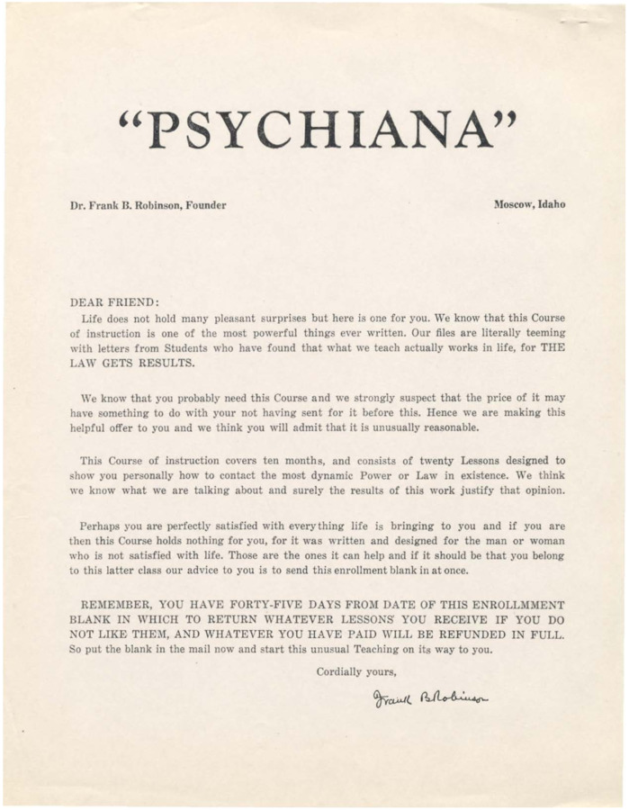 Form letter from Frank B. Robinson encouraging the reader to enroll in Psychiana.