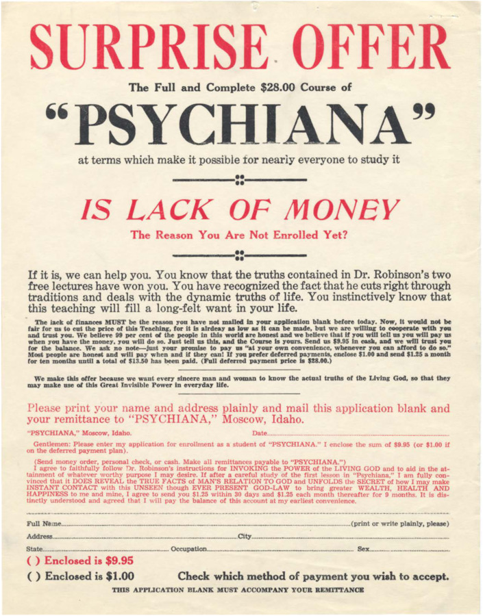 Blank enrollment form for a reduced cost enrollment in Psychiana.