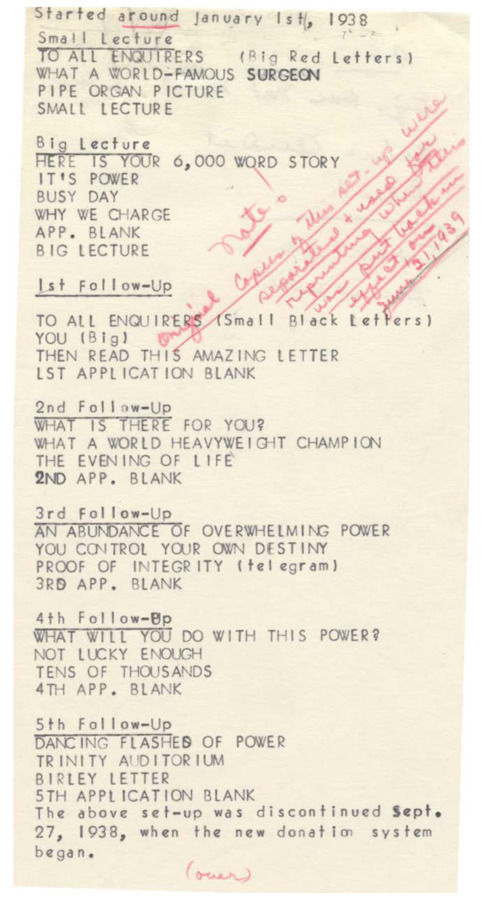 List of contents of each of the various follow-up packets, including title and small details about each packet. Markings in red colored pencil.