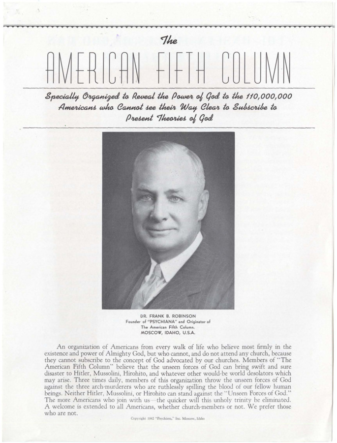 Newsletter discusses using the God-Power to defeat the Axis and defines The American Fifth Column as an organization that believes in unseen forces which can defeat the Axis powers. Includes a portrait of Frank Robinson and an article arguing that the lack of Americans attending church contributes to a lack of American moral.