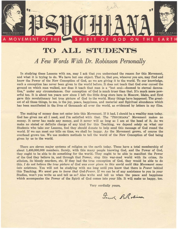 Form letter from Frank B. Robinson to recipients of Psychiana lessons. Robinson mentions the war.