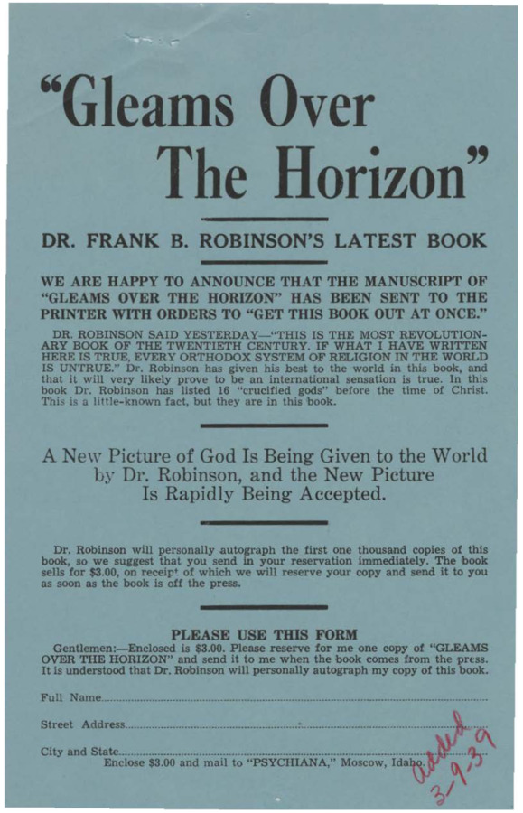 Flyer and form advertising a new book by Frank B. Robinson called 'Gleams Over the Horizon'