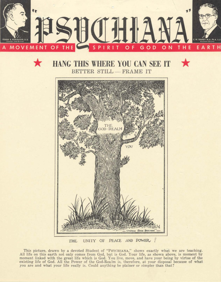 Flyer with an illustration of a tree, emphasizing that students of Psychiana are linked with life to God.