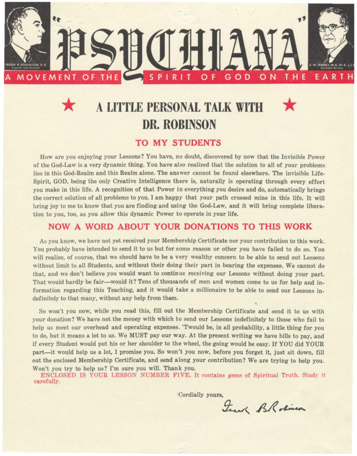 Form letter from Frank B. Robinson to recipients of the first Psychiana lesson, asking for membership certificates and payment.