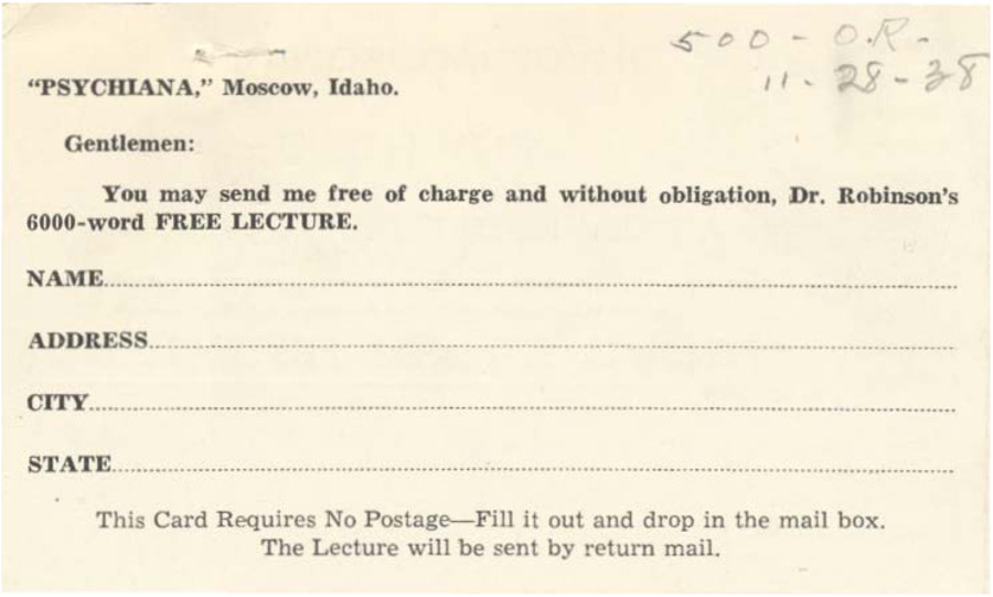 Business reply card addressed to Psychiana requesting the free 6,000 word introductory lecture to Psychiana from Frank B. Robinson.