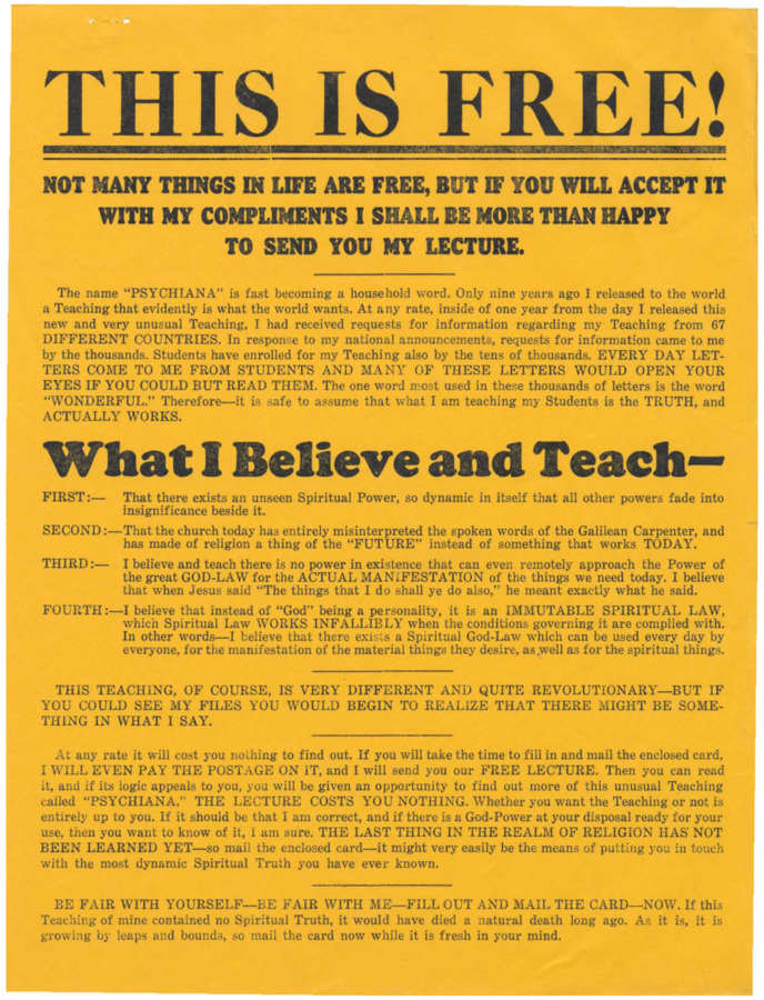 Flyer advertising the free lecture available from Frank B. Robinson. The flyer outlines Robinson's philosophy and encourages the reader to mail the enrollment form.