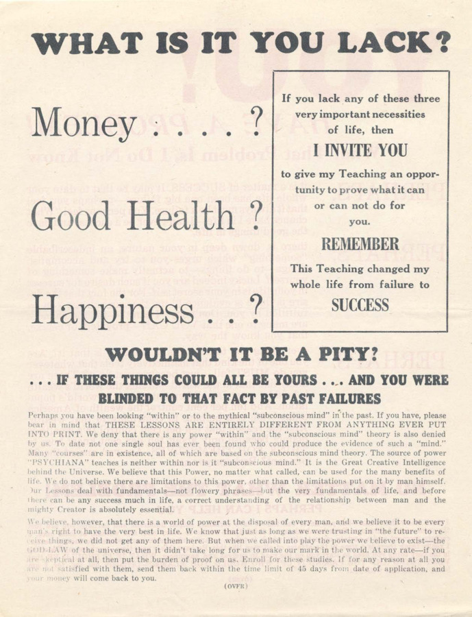 Flyer inviting readers to subscribe to Psychiana to achieve money, health, and happiness.