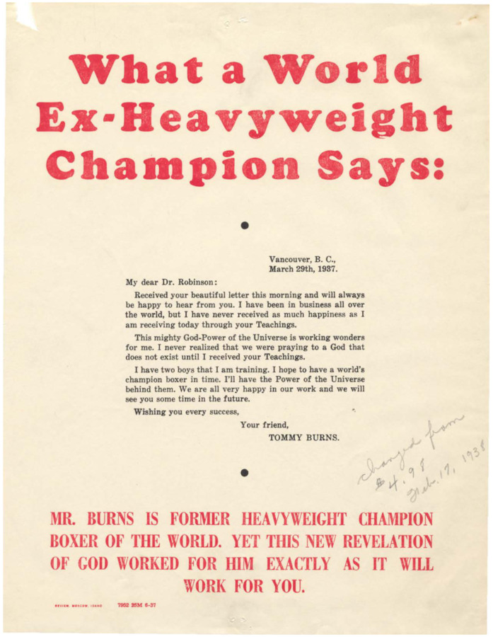 Flyer featuring a testimonial letter from former boxer, Tommy Burns.