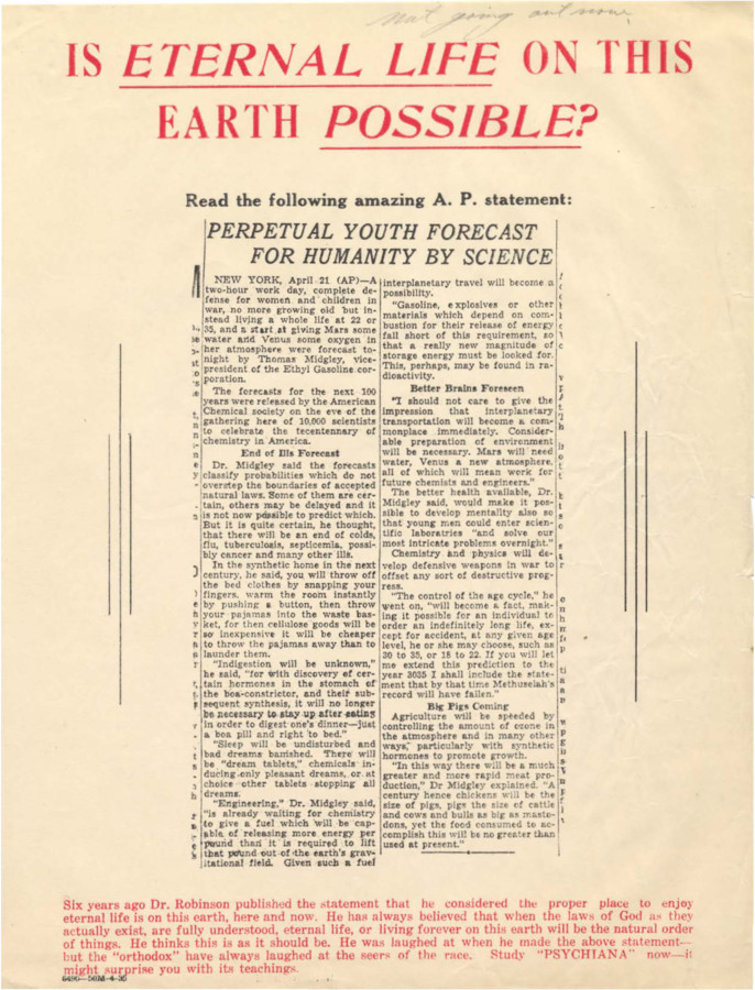 Flyer featuring a newspaper clipping discussing a predicted perpetual youth made possible by science.
