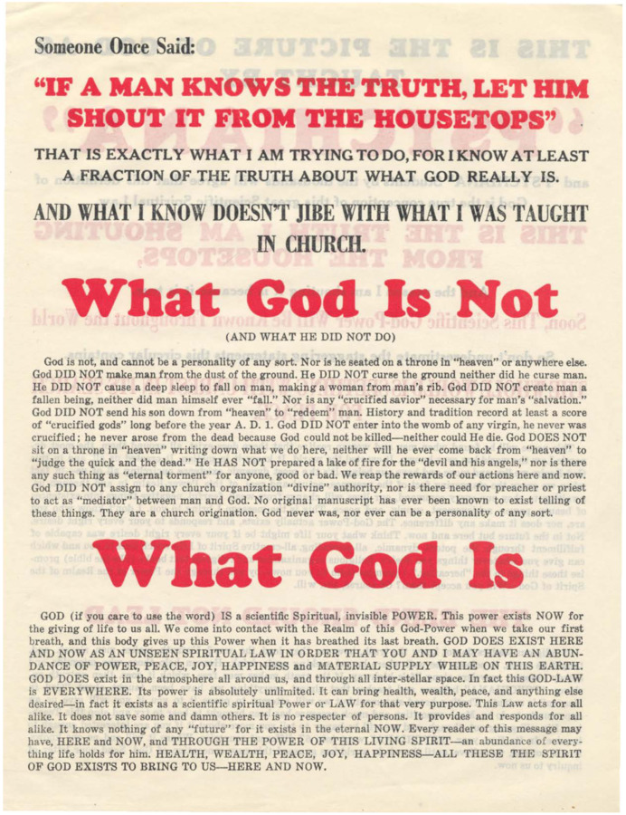 Flyer discussing what God is and what God is not. The text goes on to describe the Scientific God-Power you could get from Psychiana.