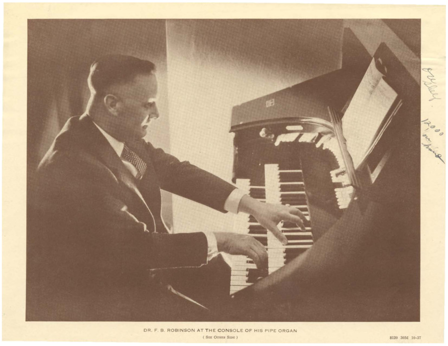 Packet includes a photograph of Frank B. Robinson playing his pipe organ, a message from Dr. Robinson, a flyer titled 'Here is Your 6000 WORD STORY,' a flyer featuring four testimonial letters, a flyer about how Frank B. Robinson is an ordinary individual, a flyer with many testimonials, and a blank piece of paper with handwriting on it.