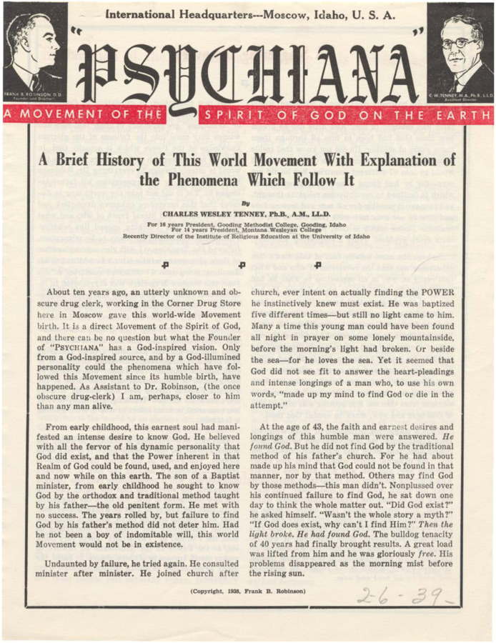Multiple-page pamphlet that would ostensibly precede Robinson's lessons for individuals who had purchased a subscription to his teachings. Gives a history of the movement, Robinson, and outlines basic tenets of Psychiana.