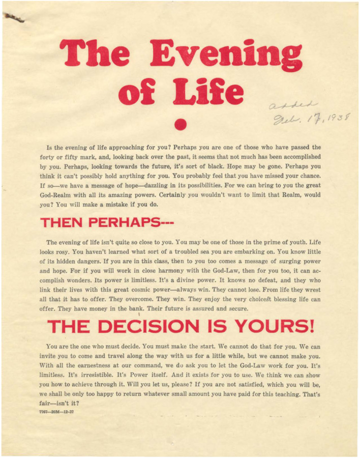 Flyer encouraging readers to enroll in Psychiana before they reach the end of their lives.