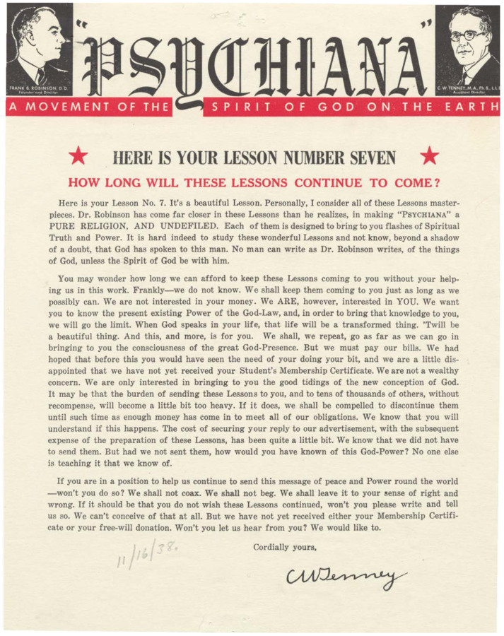 Lesson number seven with a preface from C.W. Tenney and a form letter from Robinson informing the recipient that he will no longer be receiving lessons due to overdue donations. Lesson number seven is regarding Robinson's special role. He also asks for donations in the lesson.