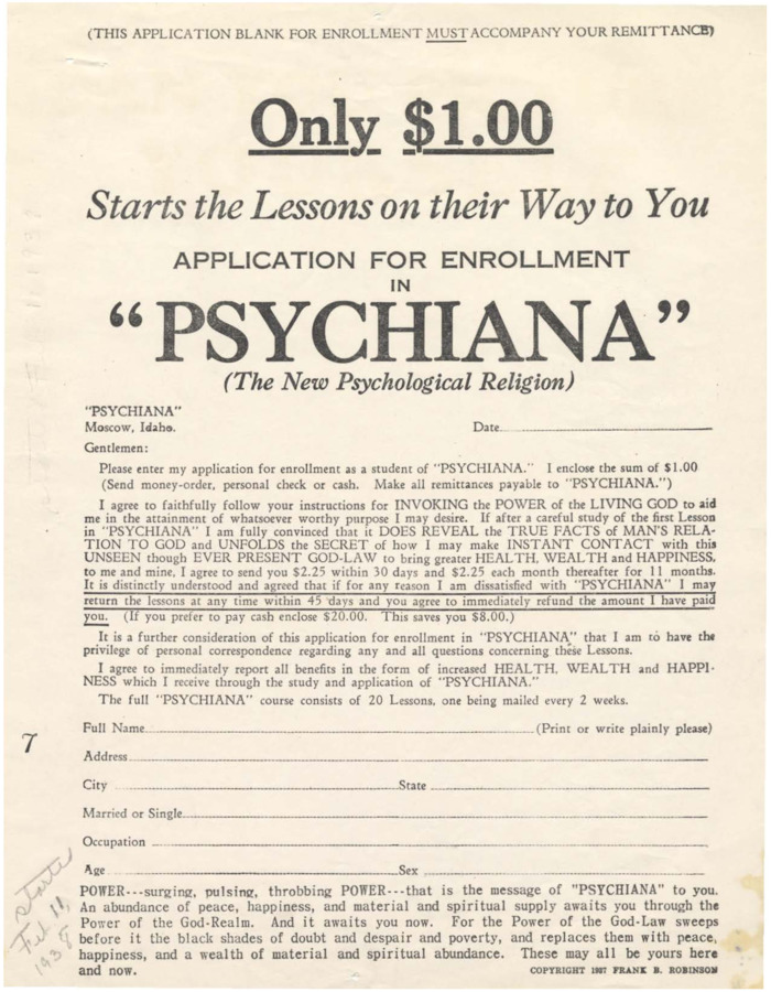 Application header reads: 'Only $1.00 Starts the Lessons on their Way to You'. Student application to enroll in Psychiana.