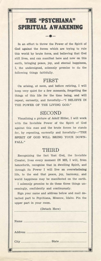 Slip/Card with text regarding the power of the spirit of god for use 'against the forces which are trying to rule this world by brute force.' Provides instructions for the reader, including method of prayer to bring the downfall of Hitler. Includes signature blank for reader to confirm they have followed the provided instruction.