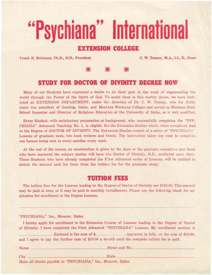 Advertisement and application for the Psychiana doctoral program. Includes information on course of study, fees, and enrollment blank.
