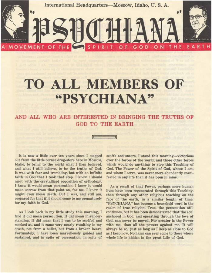 Packet briefly detailing the history and present situation of Psychiana. Extended request for donations follows with form.
