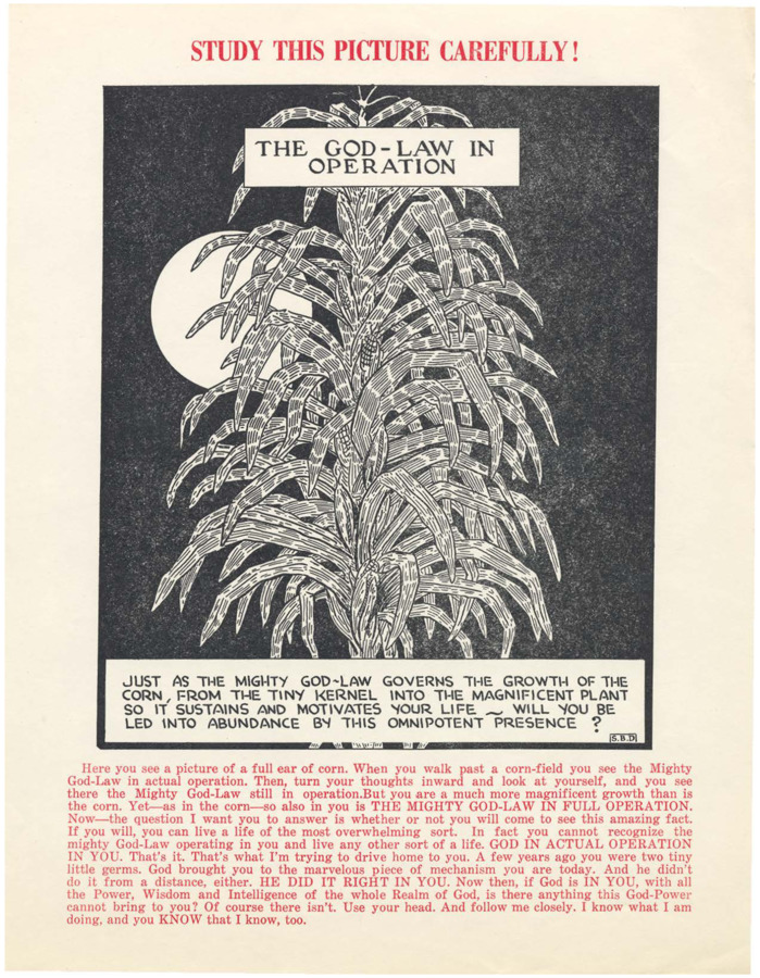 Advertisement includes an illustration of a stalk of corn and caption about the God-Law governing nature.