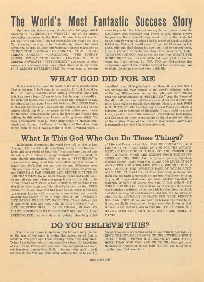 Flyer discussing Psychiana and what God can do for the reader.