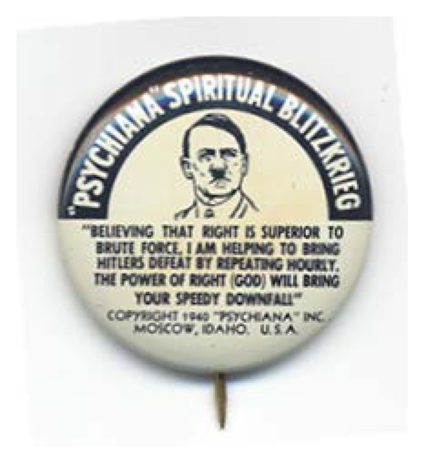 A button featuring an illustration of Hitler and a quote: 'Believing that right is superior to brute force, I am helping to bring Hitler's defeat by repeating hourly, the power of right (God) will bring your speedy downfall.'