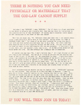 A flyer advertizing the material and spiritual abundance available for Psychiana students.