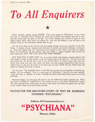 A form letter addressed to enquirers about Psychiana, urging them to read the 6000 word lecture that will soon be mailed to them.