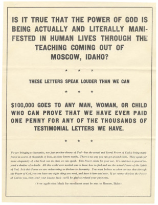 Flyer offering $100,000 to anyone who can prove that the testimonial letters were paid for and urging the reader to enroll.