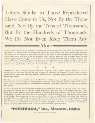 A flyer discussing what Psychiana is and the many testimonial letters they receive.