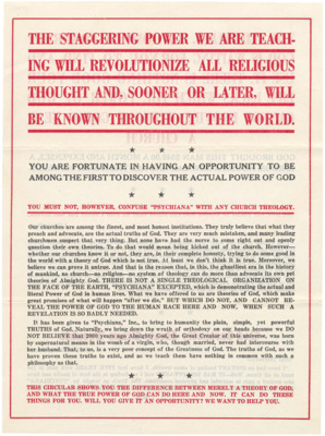 A flyer discussing how Psychiana is different from church theology and provides some testimonial letters. The flyer also offers $100,000 to prove the letter was paid for.