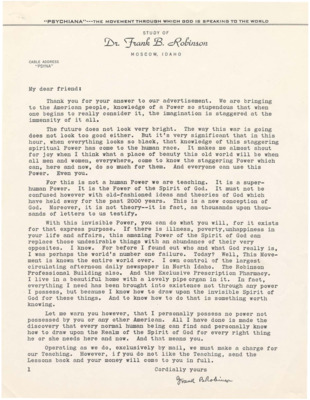 A form letter from Frank B. Robinson to inquirers about Psychiana discussing the Power of God.